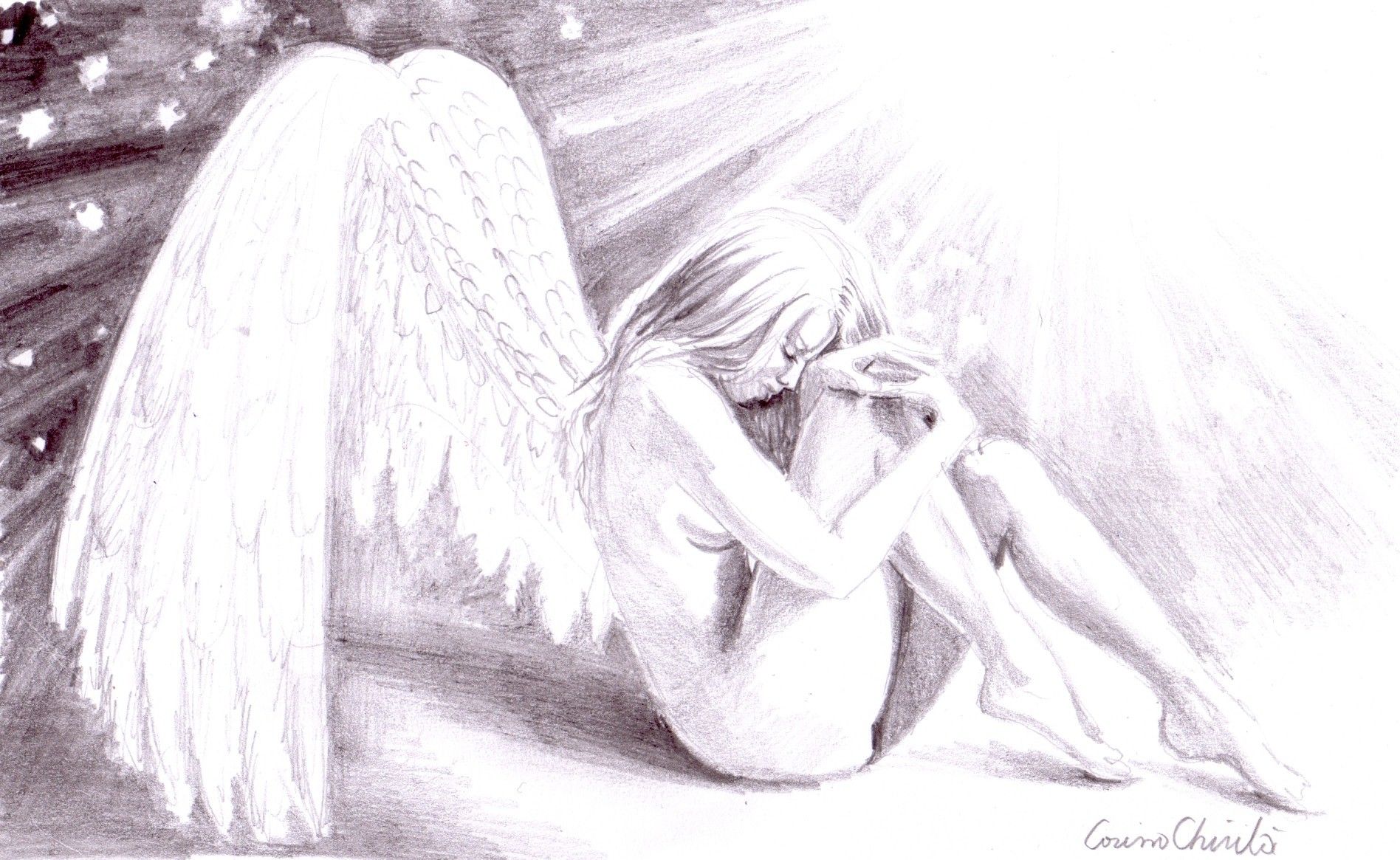 1896x1165 Anime Pencil Drawings Sad Lonely Broken Angel, Pencil Drawing