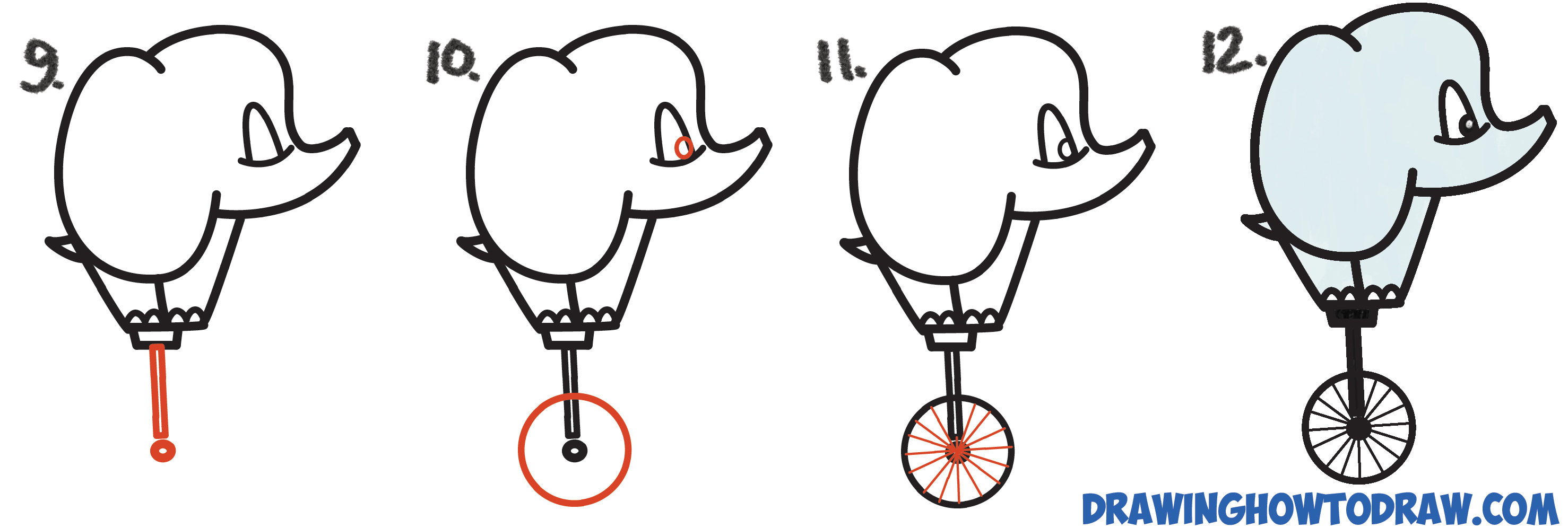 2955x996 How To Draw A Cute Cartoon Baby Elephant Riding A Unicycle