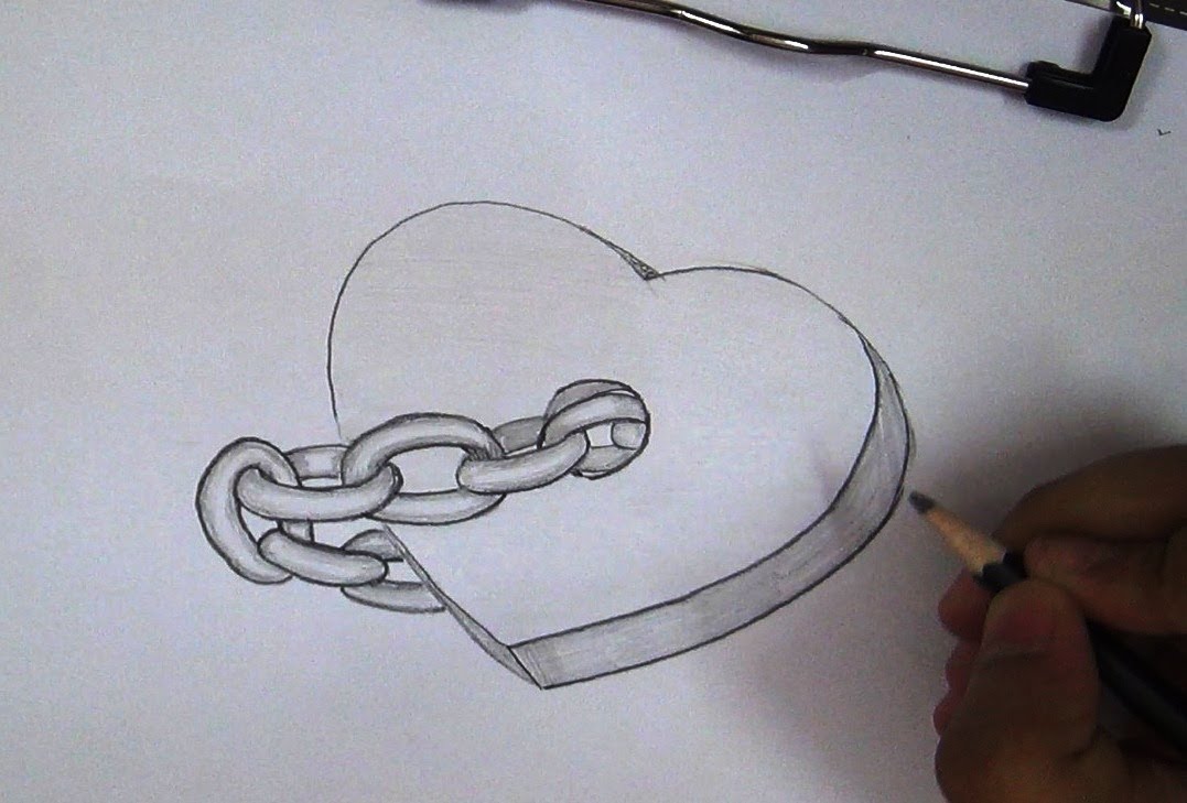 1077x729 How To Draw Heart In 3d Chained Easy Drawing Tutorial Of 3d