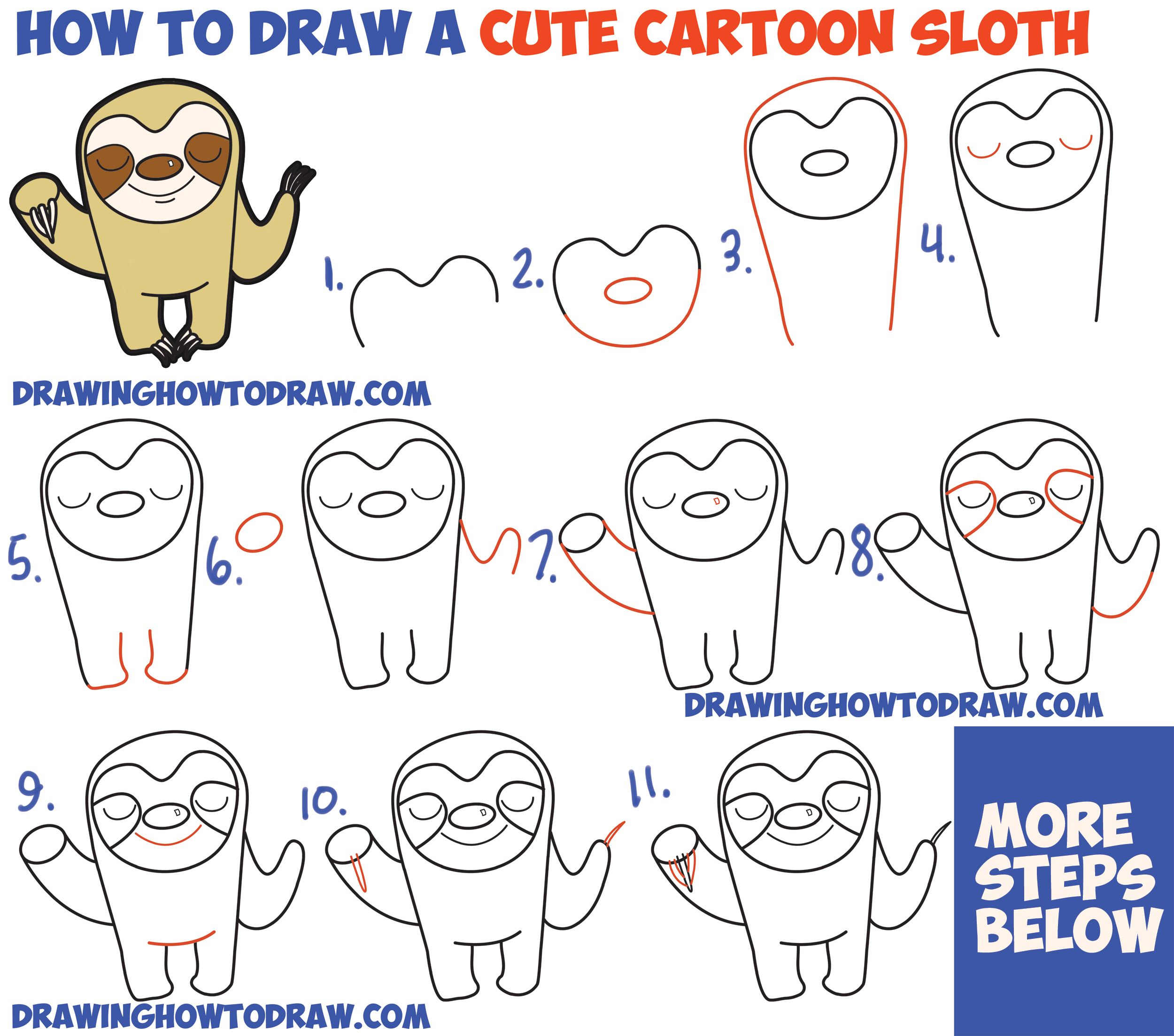 2500x2207 Step By Step Cartoon Drawings How To Draw Cute Cartoon Sloth