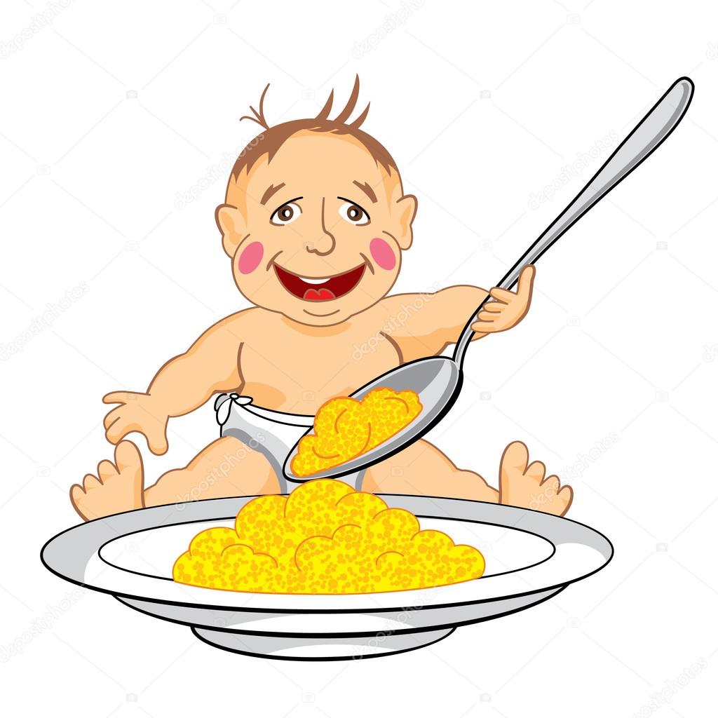1024x1024 Drawing Cartoon Smiling Baby Which Eats With A Spoon Porridge