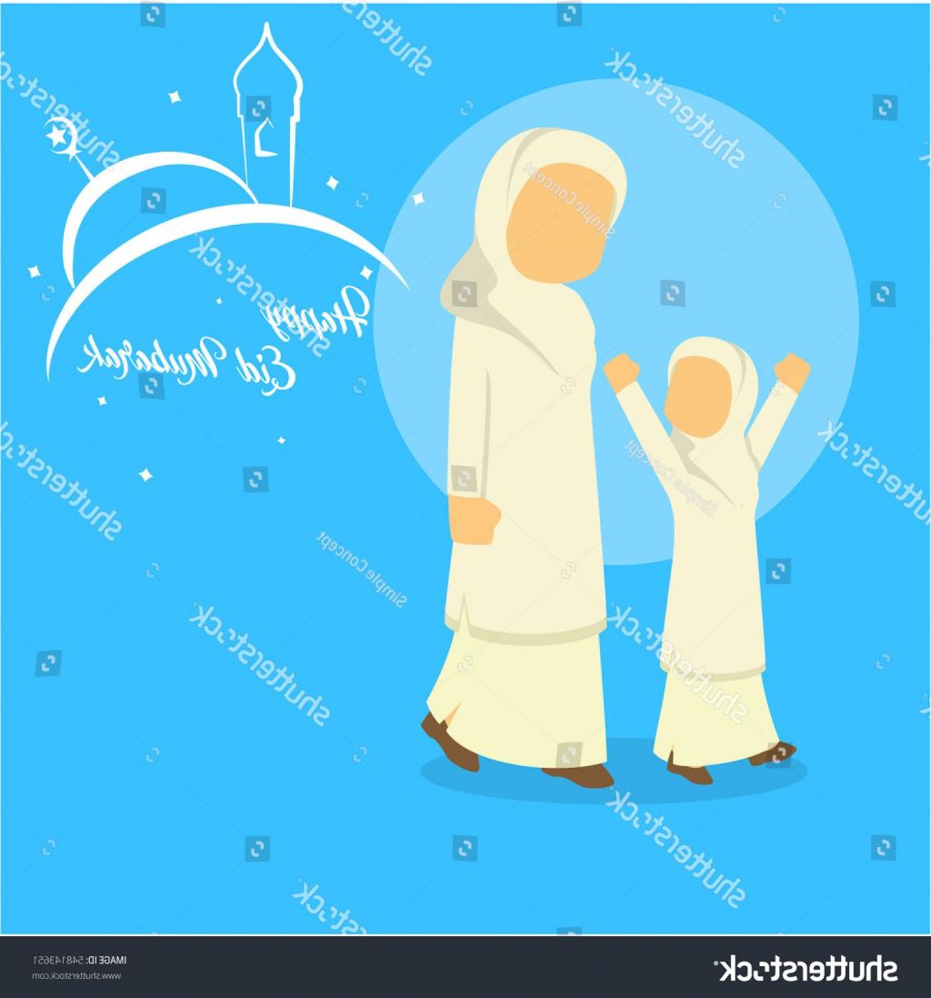1024x1097 Hd Stock Vector Mom And Her Daughter Celebrate Eid Mubarak Drawing