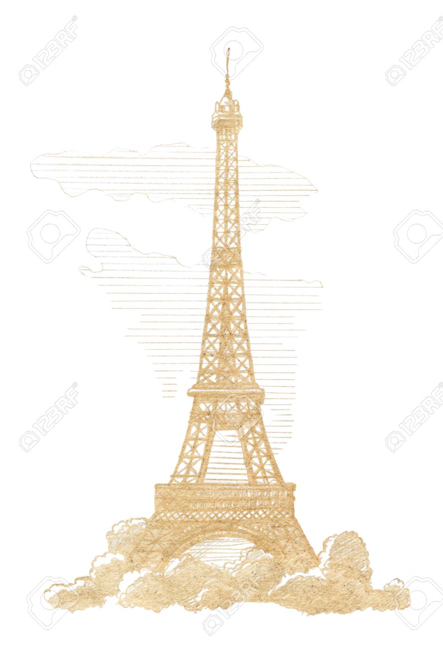 888x1300 Eiffel Tower, Paris. Graphic Linear Tonal Drawing By Slate Pencil