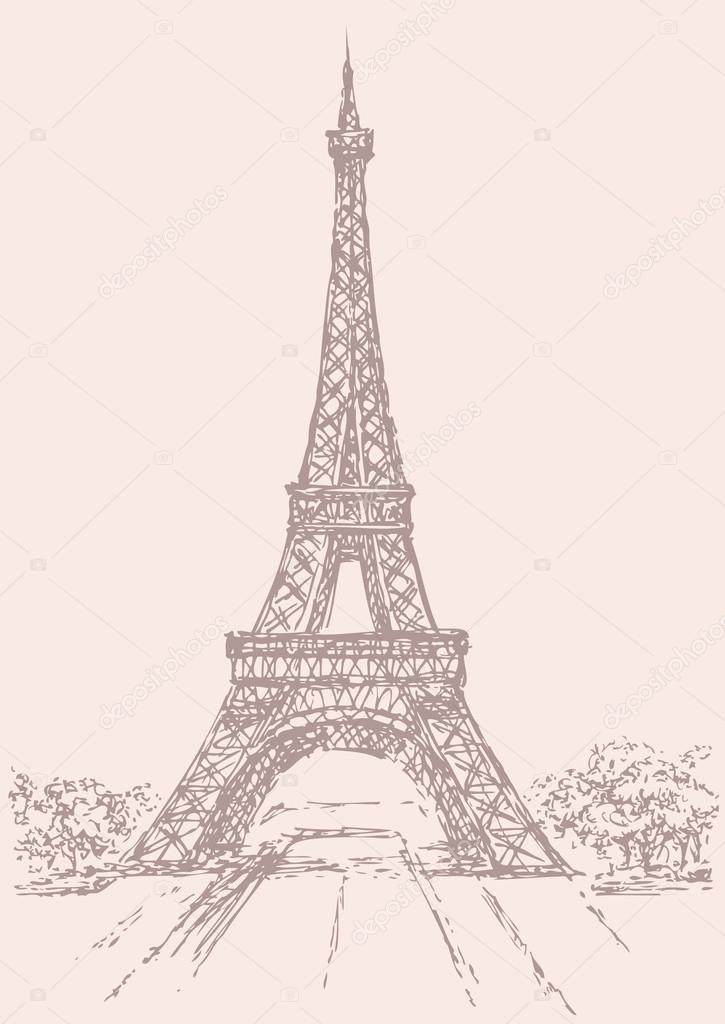 725x1024 Vector Drawing From A Series Of Landmarks. Eiffel Tower In Paris