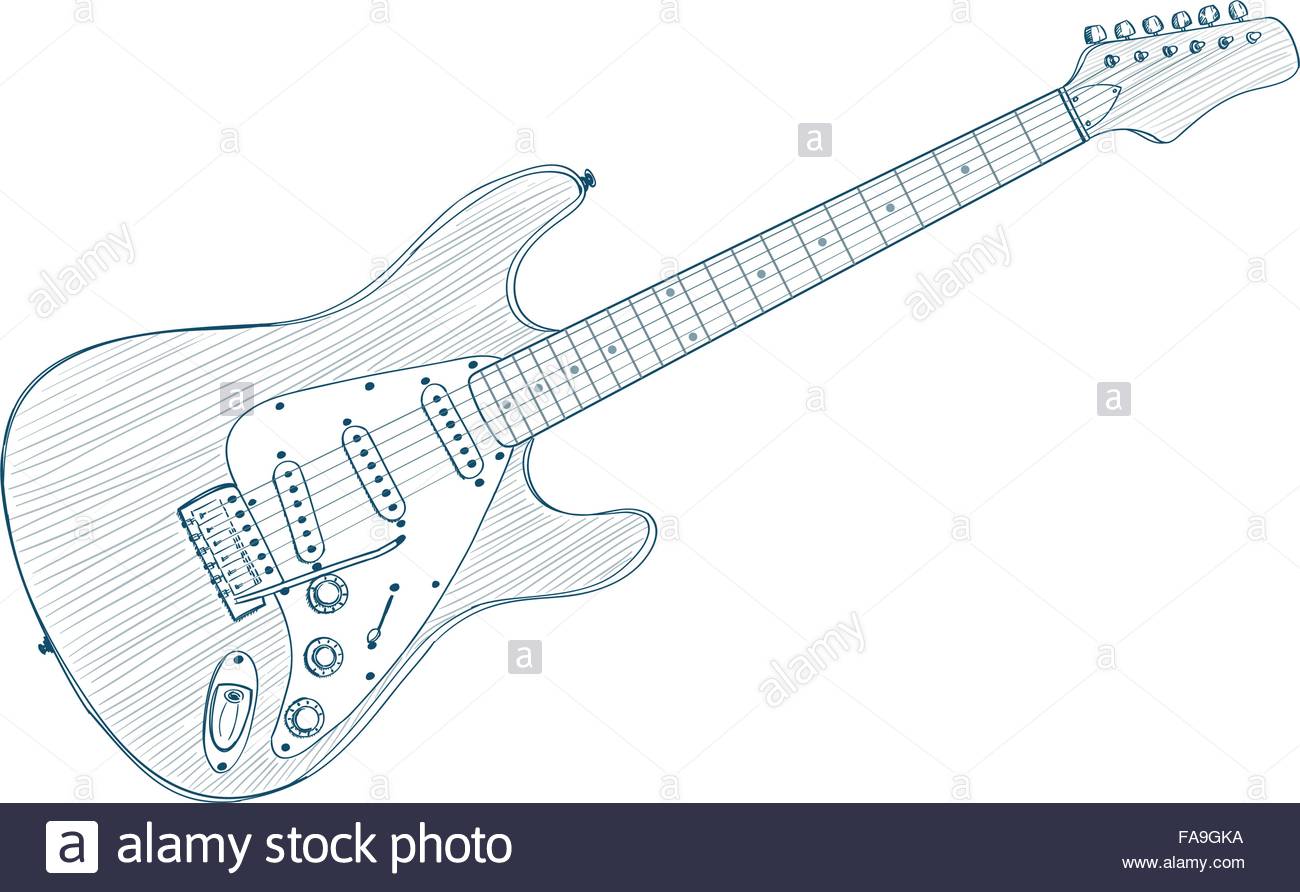 1300x892 Electric Guitar Drawing On White. Line Art Illustration Stock