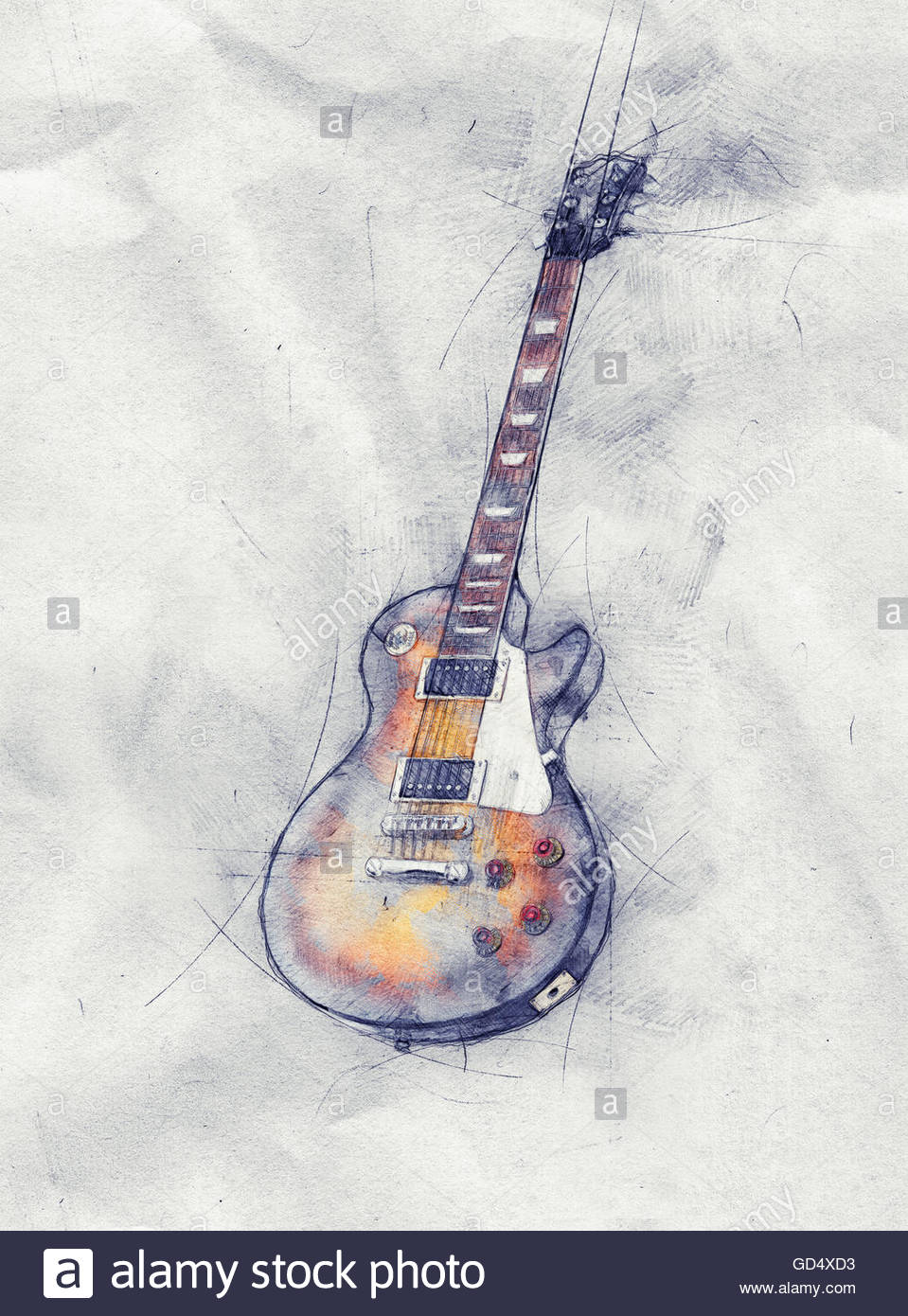 959x1390 Colored Pencil Sketch Of A Guitar On Crumpled Grungy Textured