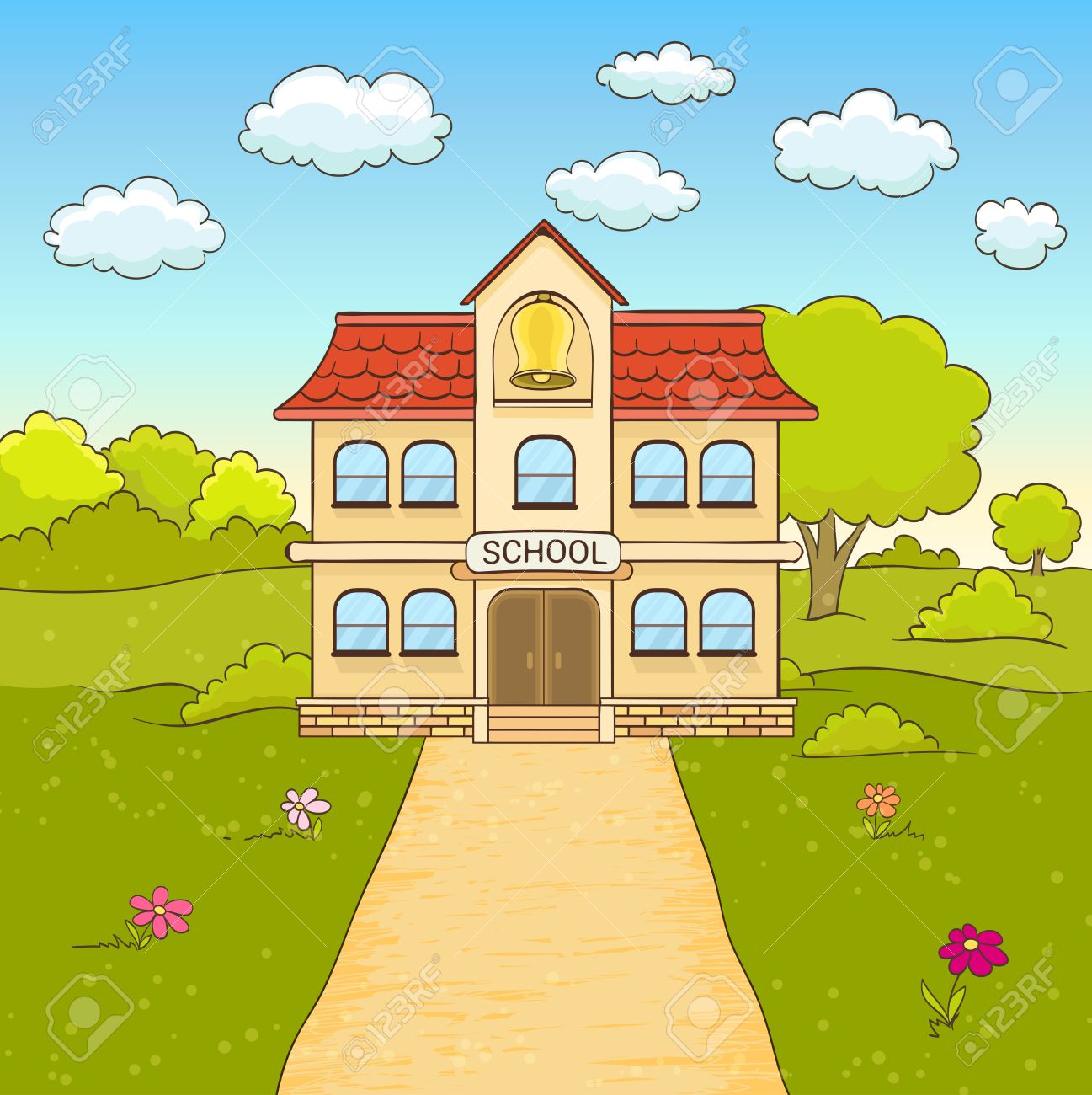 1297x1300 Cartoon Drawing Of Elementary School Building Facade With Road