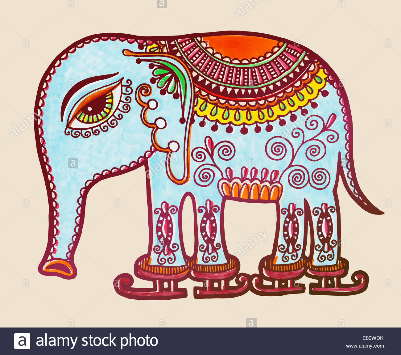 1300x1149 Tribal Elephant Ice Skating, Ornamental Marker Drawing Stock Photo