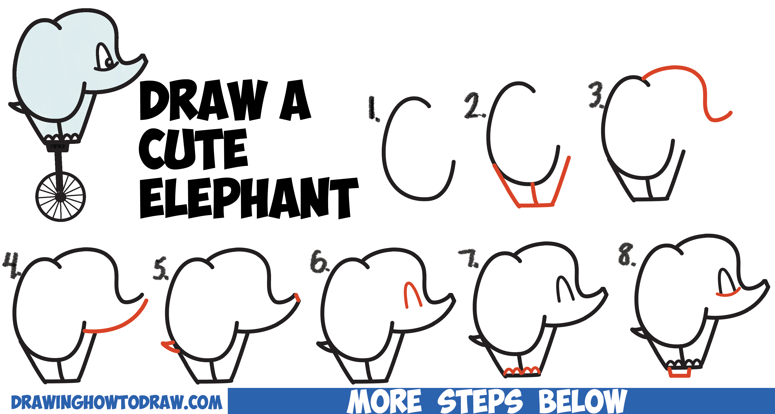 3297x1761 How To Draw A Cute Cartoon Baby Elephant Riding A Unicycle