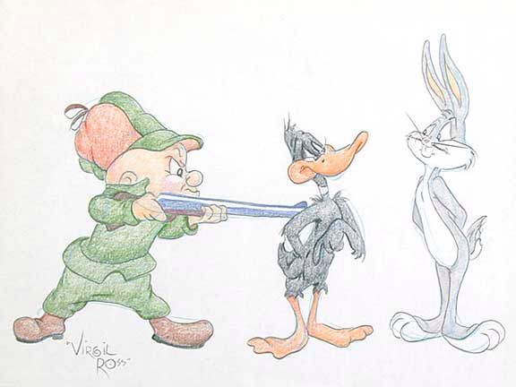 576x432 Virgil Ross Drawing Of Bugs Bunny, Elmer Fudd And Daffy Duck