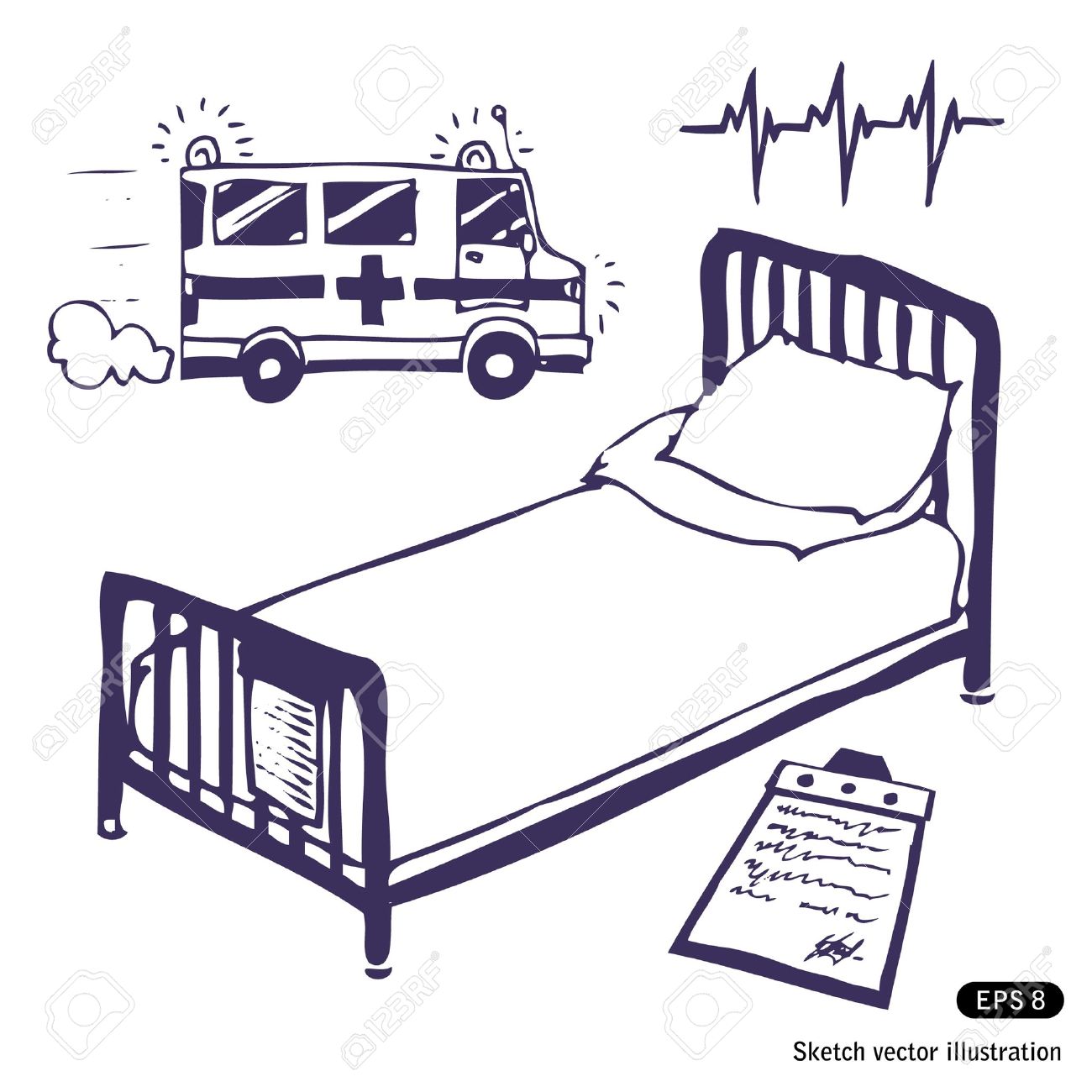 1300x1300 Hospital Bed And Ambulance. Hand Drawn Illustration On White