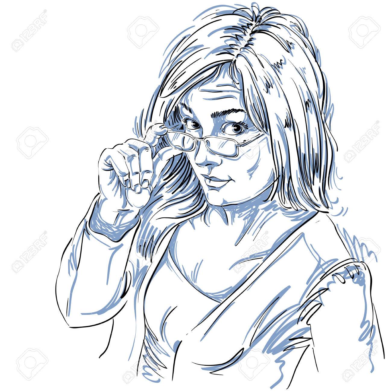 1300x1300 Vector Art Drawing, Portrait Of Gorgeous Girl With Eyeglasses