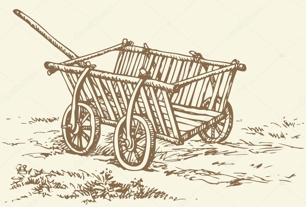 1023x694 Vector Drawing. Archaic Wooden Empty Cart Stock Vector Marinka