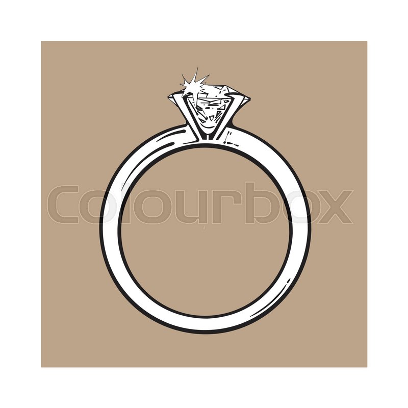 800x800 Golden Engagement Ring With A Big Shining Diamond, Sketch Style