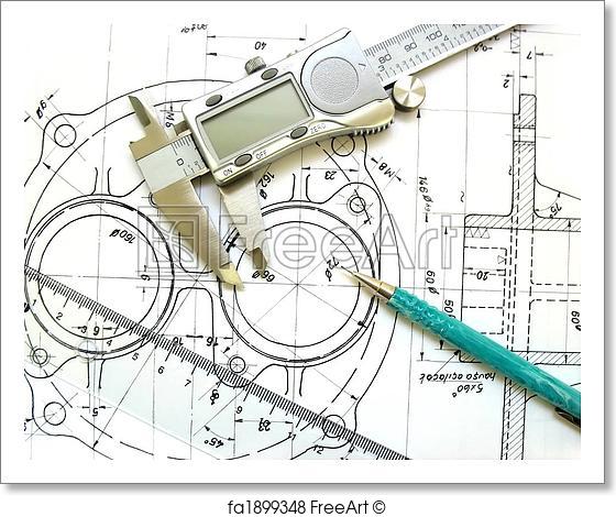 560x470 Free Art Print Of Engineering Tools On Technical Drawing. Digital