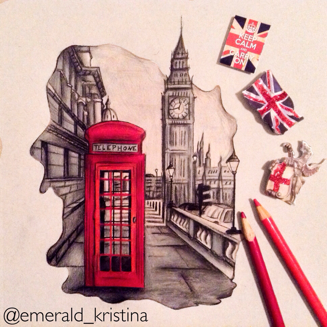1136x1136 London, England Colour Pencil Drawing On Toned Tan Paper