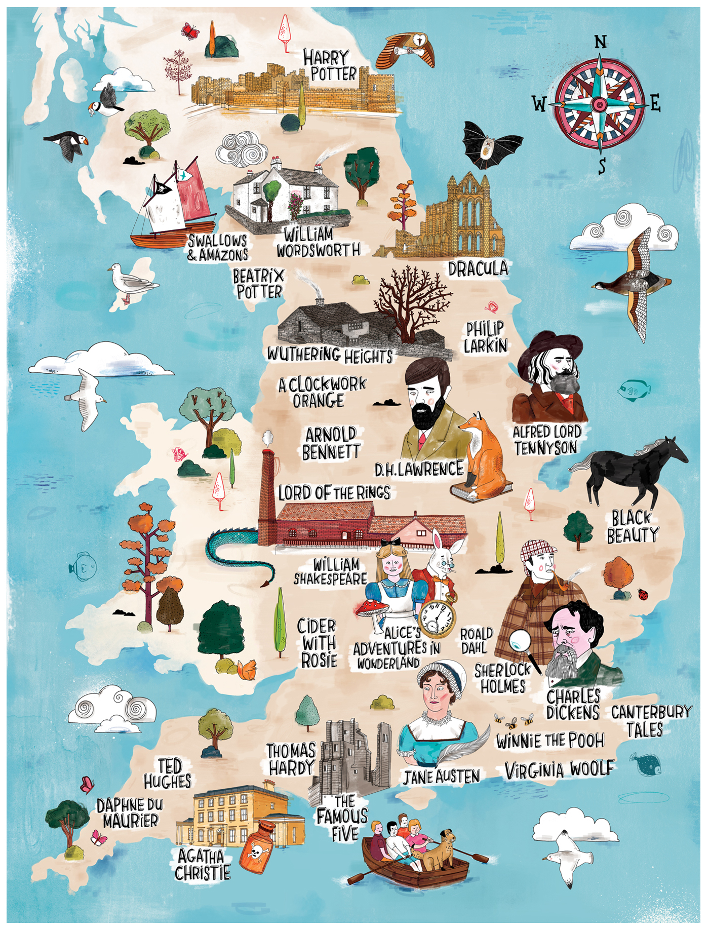 1400x1836 Illustrated Literary Map Of England.