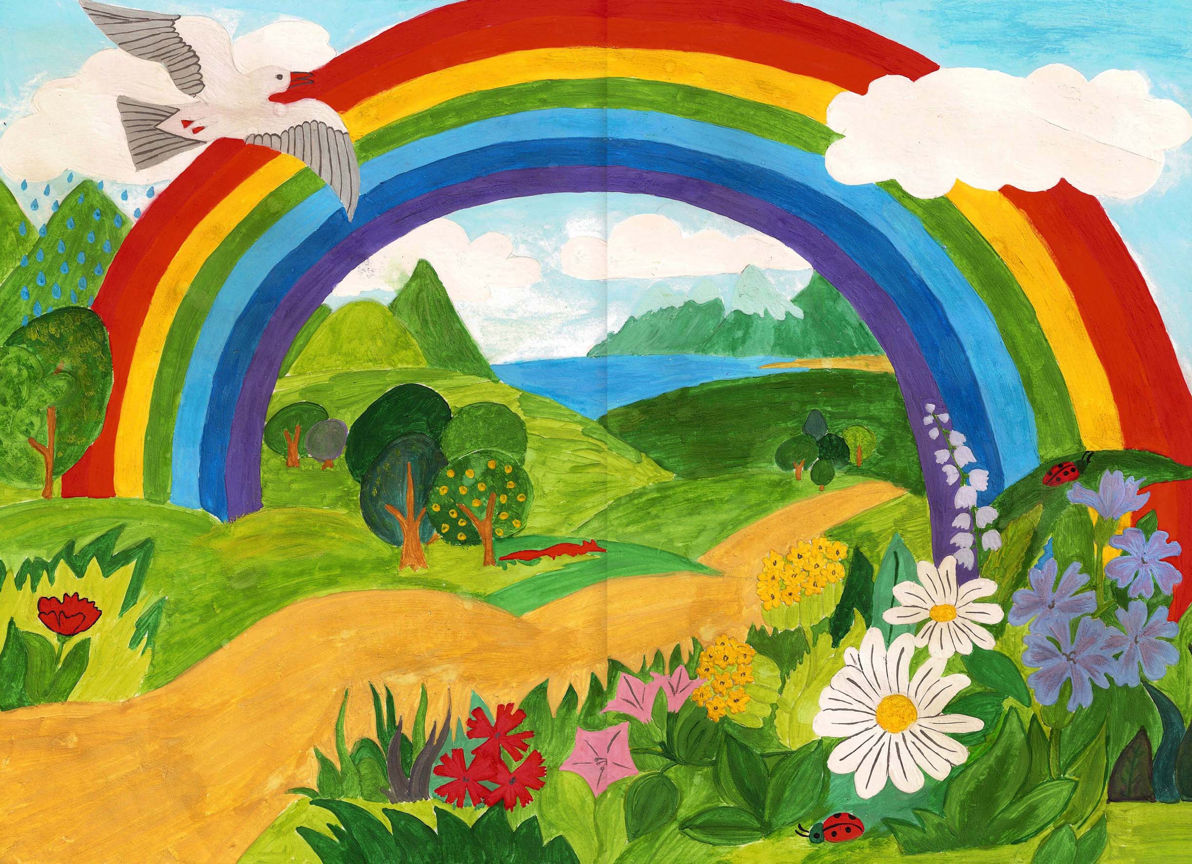 Посмотри как хорош край в котором. Радуга рисунок. Летний рисунок для детей. Пейзаж с радугой. Рисунок на тему природа.