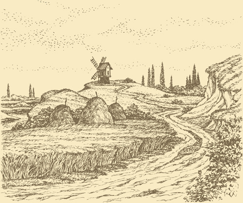 497x415 Drawing Landscape Countryside Vector Set Free Vector