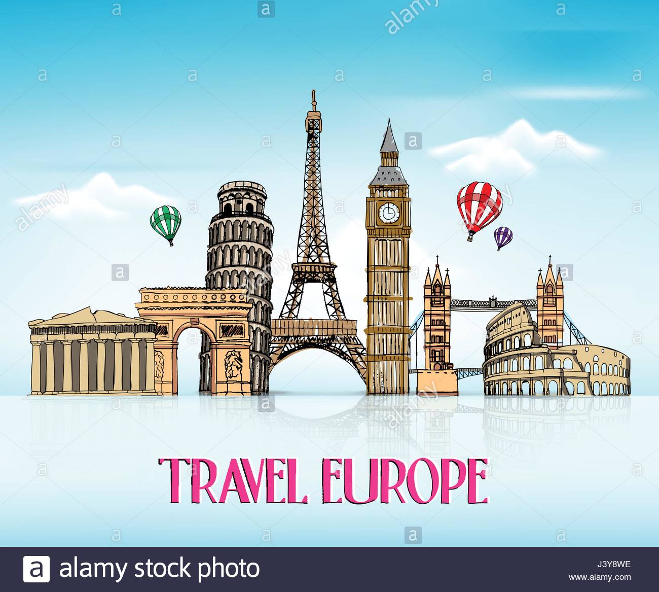1300x1167 Travel Europe Hand Drawing With Famous Landmarks And Places