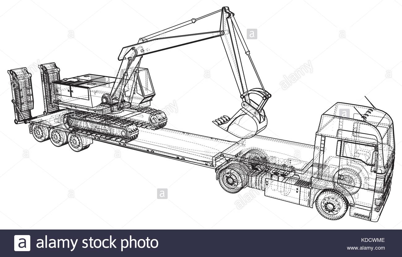 1300x832 Low Bed Truck Trailer And Excavator. Abstract Drawing. Tracing