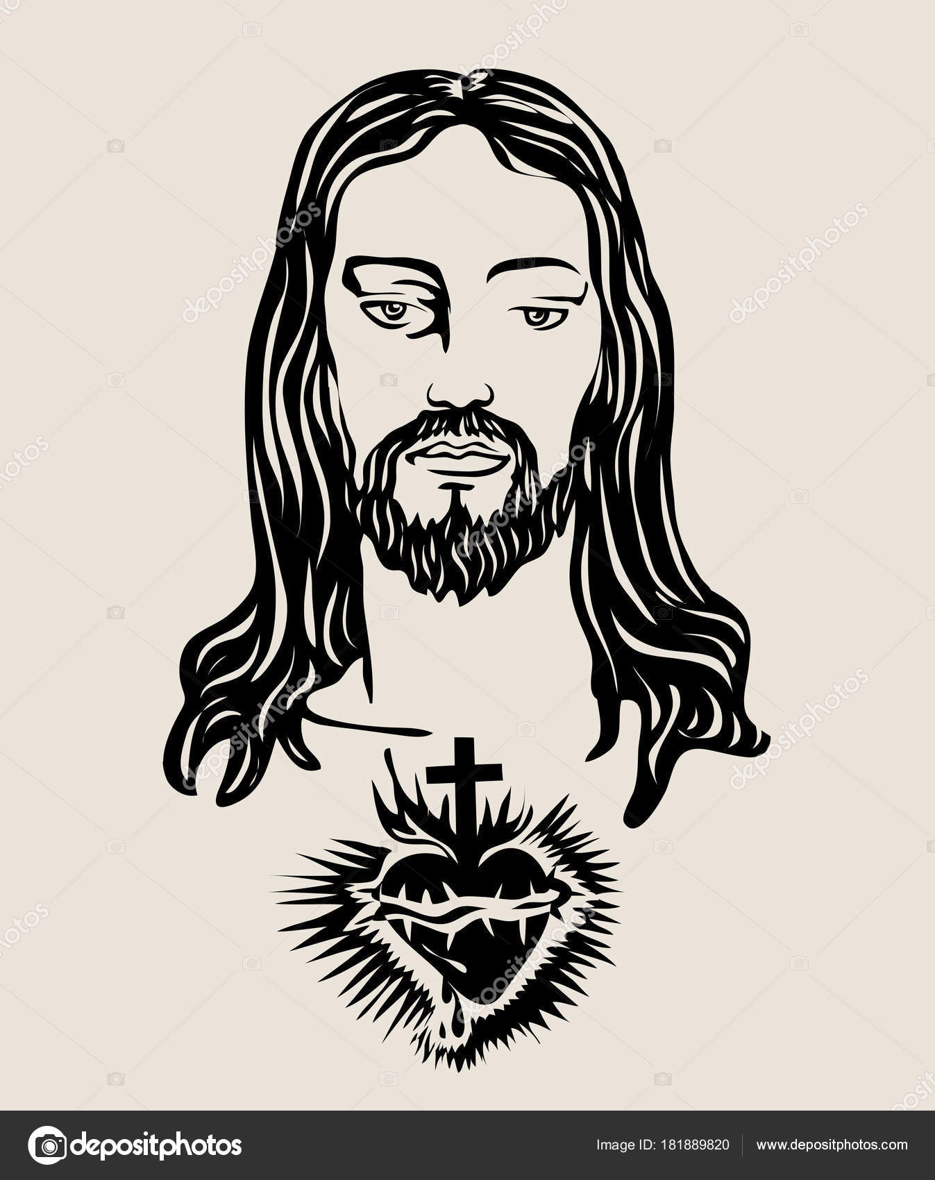 1347x1700 Face Jesus Sacred Heart Sketch Drawing Art Vector Design Stock