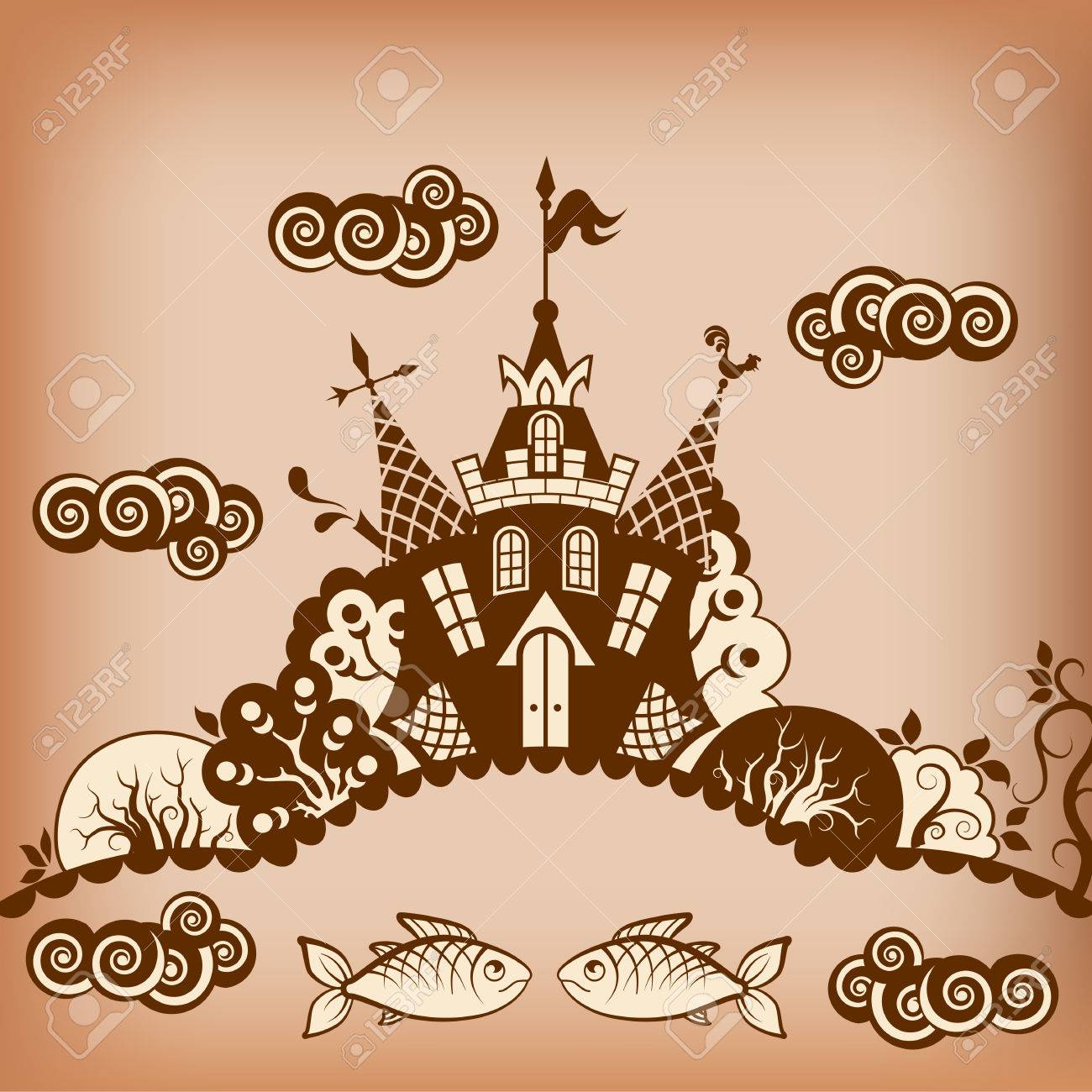 1300x1300 Fairytale Castle. Trees, Pond, Fish, Clouds. Black And White
