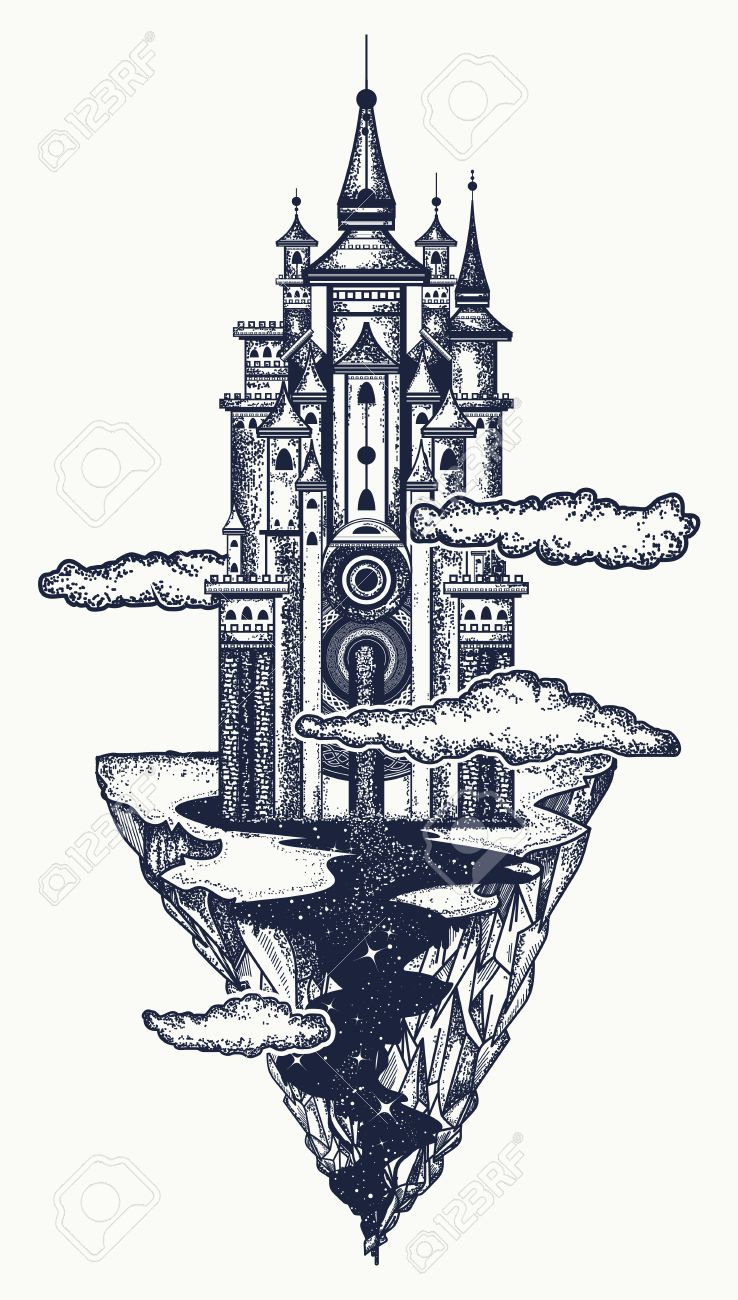 738x1300 Medieval Castle Tattoo Art. Ancient Castle On The Mountain. Symbol
