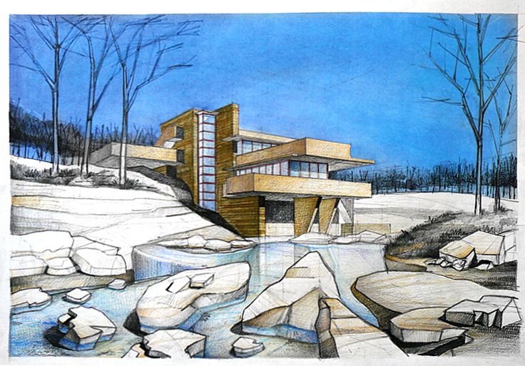 736x513 Frank Lloyd Wright's Falling Water Architectural Drawing Arch