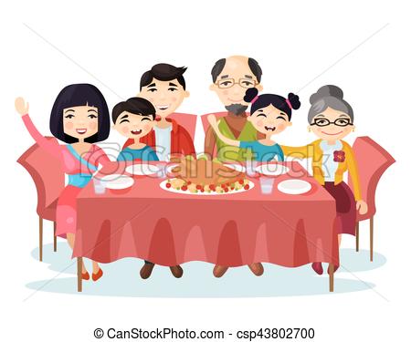 450x375 Holiday Dinner With Turkey Of Cartoon Family. Kids Or Vector