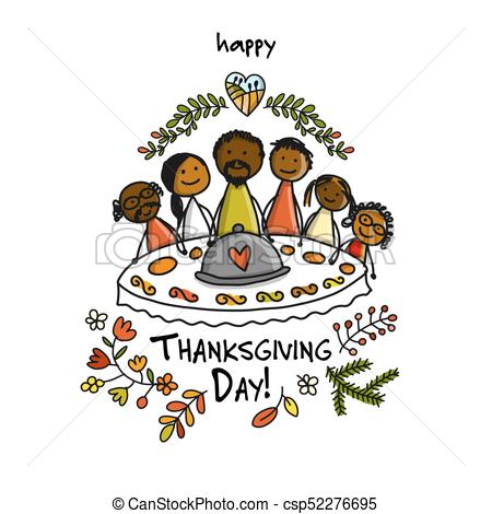 450x470 Thanksgiving Day, Family Together Have A Dinner. Sketch For Eps
