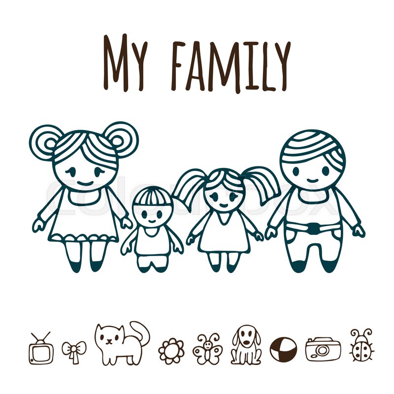 800x800 Happy Family With Two Children In Cartoon Style. Hand Drawn Doodle
