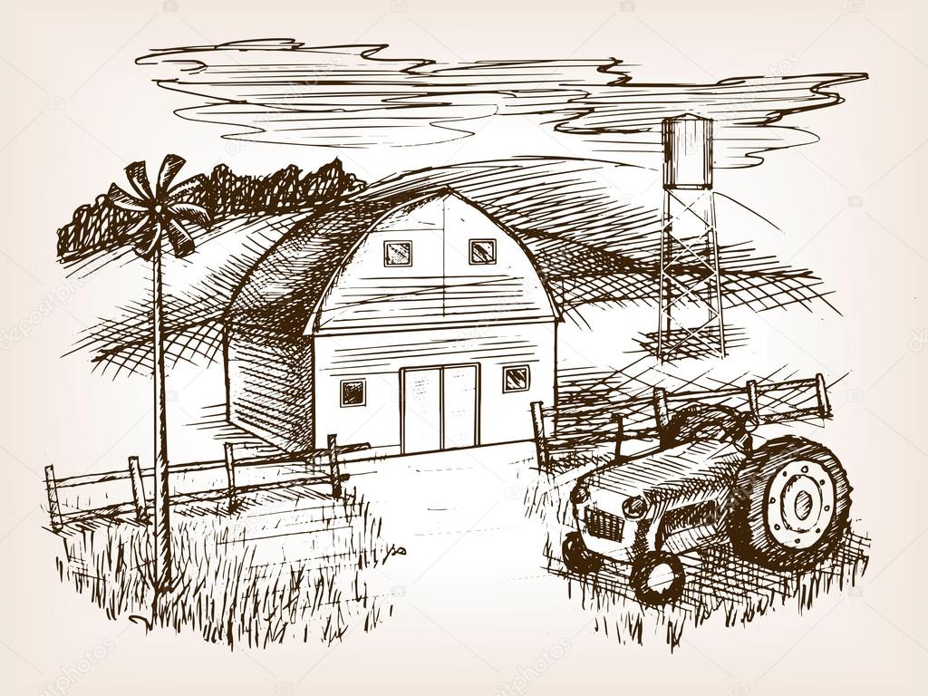 1024x768 Farm Landscape Sketch Vector Illustration Stock Vector