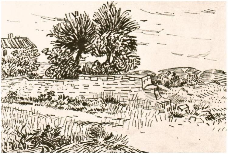 750x507 Landscape With The Wall Of A Farm By Vincent Van Gogh Drawing