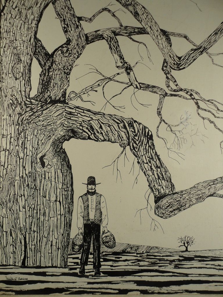 768x1024 Vintage American Folk Art India Ink Autumn Farm Landscape Drawing