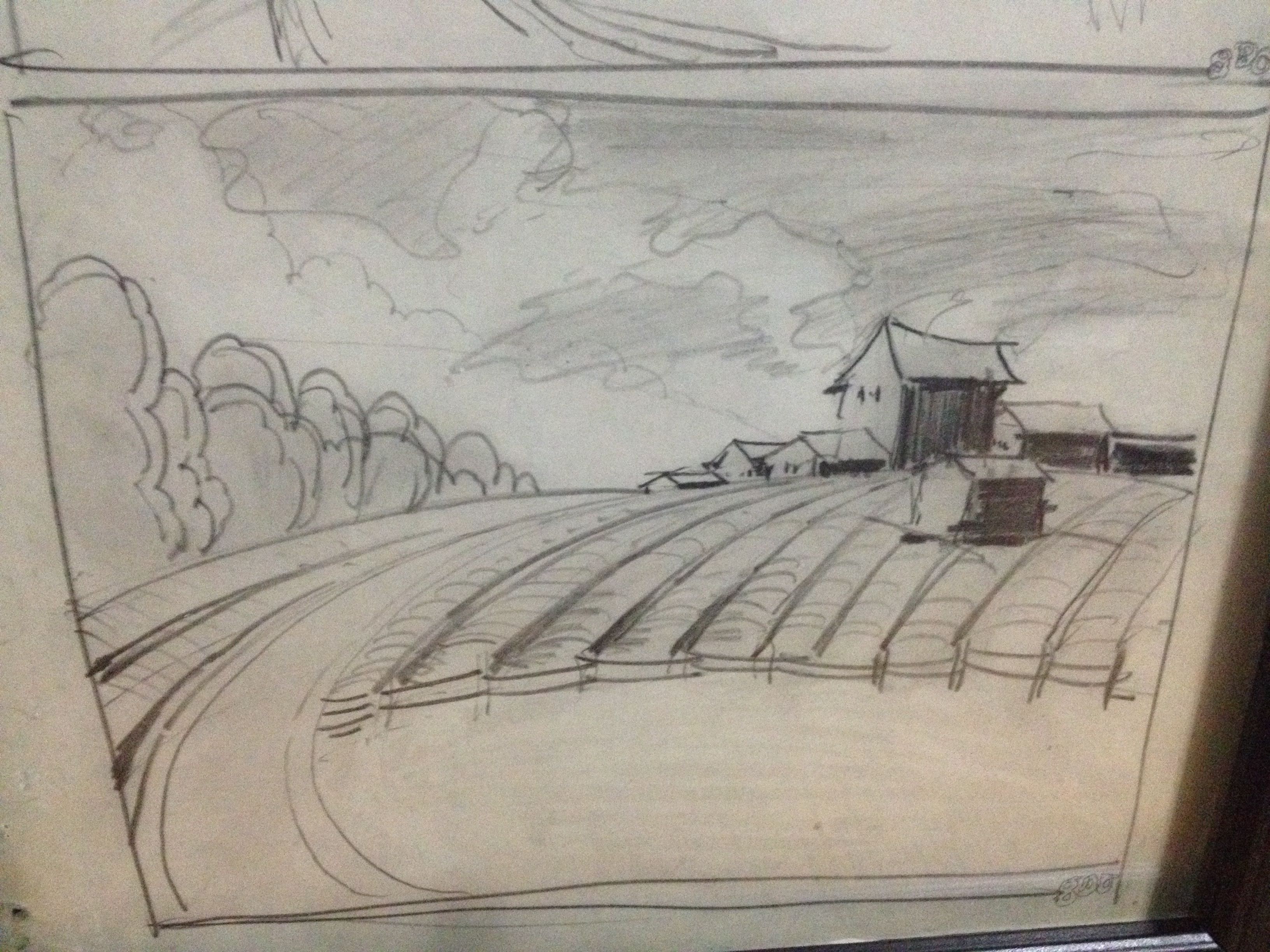 3264x2448 George Demont Otis. Double Farm Scene Sketch 1920s Initialed. Size