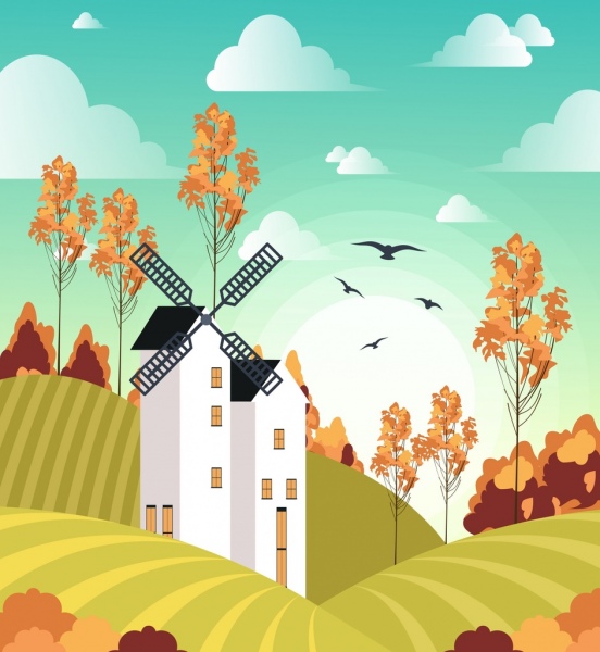 552x600 Farm Landscape Drawing Windmill Field Icons Colored Cartoon Free