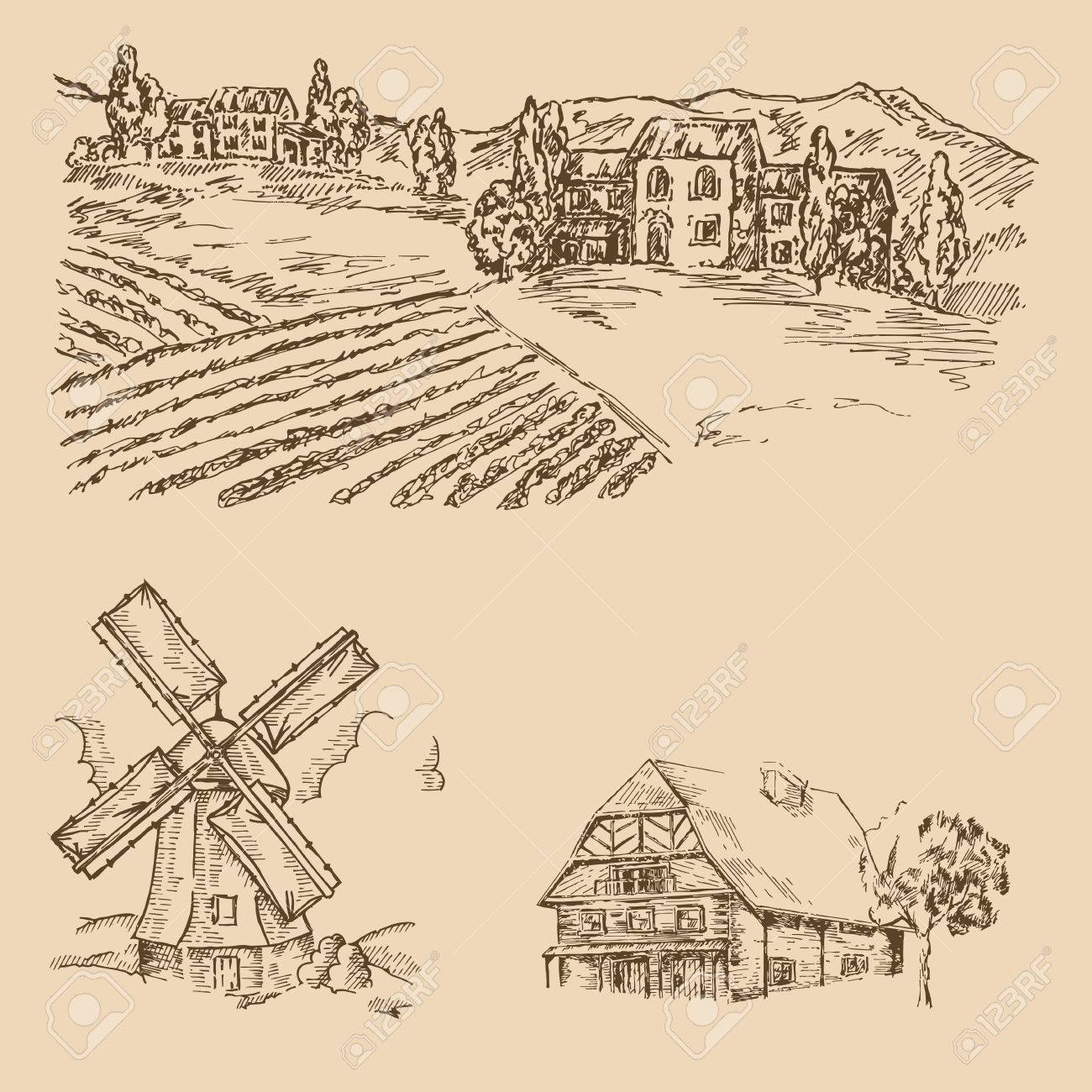 1300x1300 Rural Landscape. Hand Drawn Vineyard, Farm House And Windmill