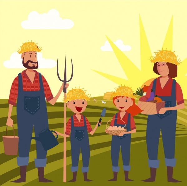 600x599 Farmer Family Drawing Human Icons Field Landscape Free Vector
