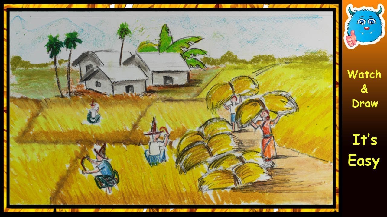 1280x720 How To Draw Village Scenery Of Autumn Season Farmers Harvesting