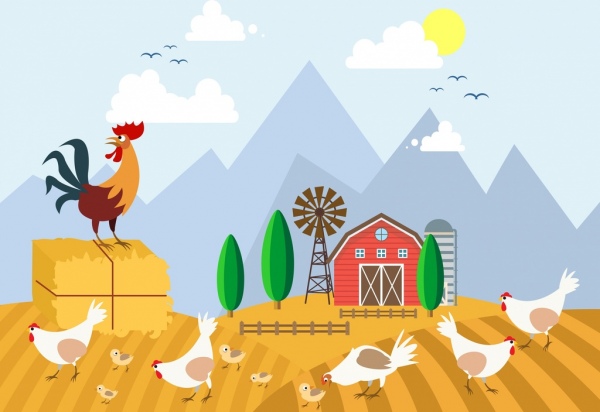 600x412 Farmland Drawing Chicken Icons Colored Cartoon Design Free Vector