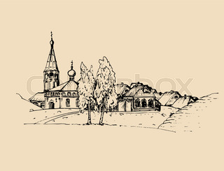 320x245 Vector Rural Landscape Illustrations Set. Hand Drawn Russian