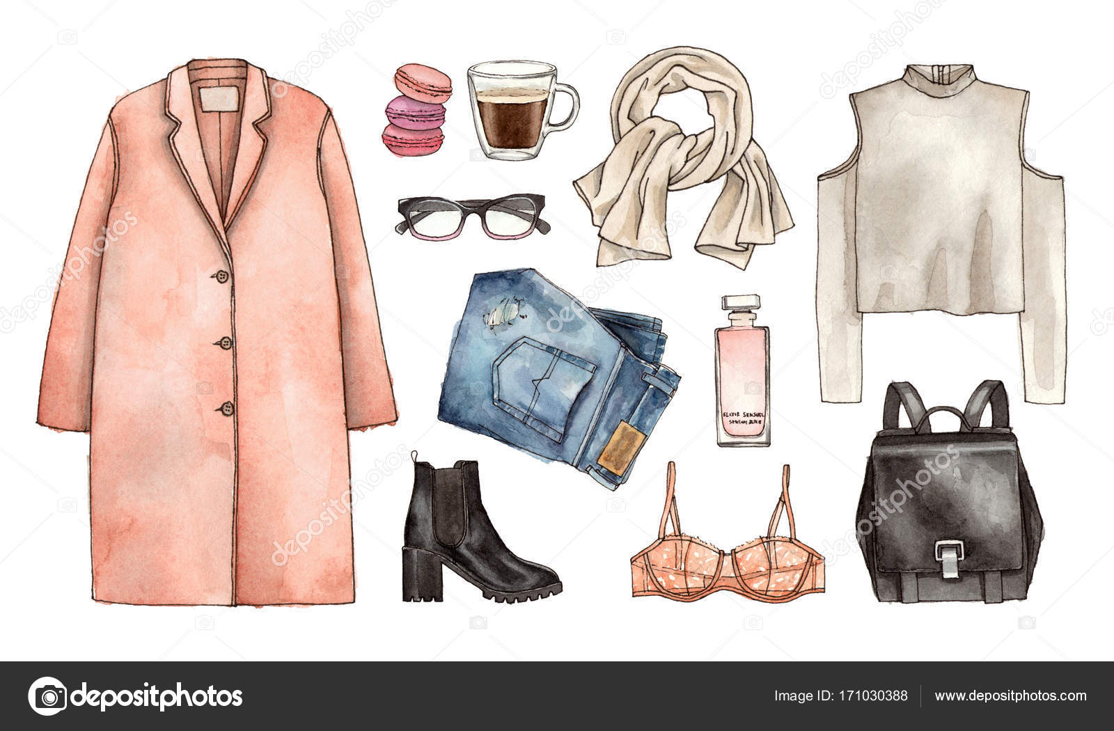 1600x1050 Watercolor Hand Drawing Sketch Fashion Outfit, A Set Of Clothes