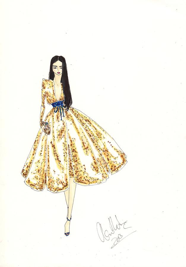 627x900 Illustration Gold Sequin Dress Drawing By Alex Newton