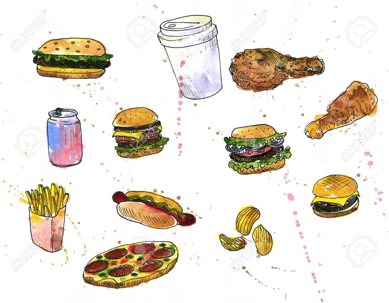 1300x1012 Set Of Fast Food Drawing By Watercolor, Artistic Painting Design