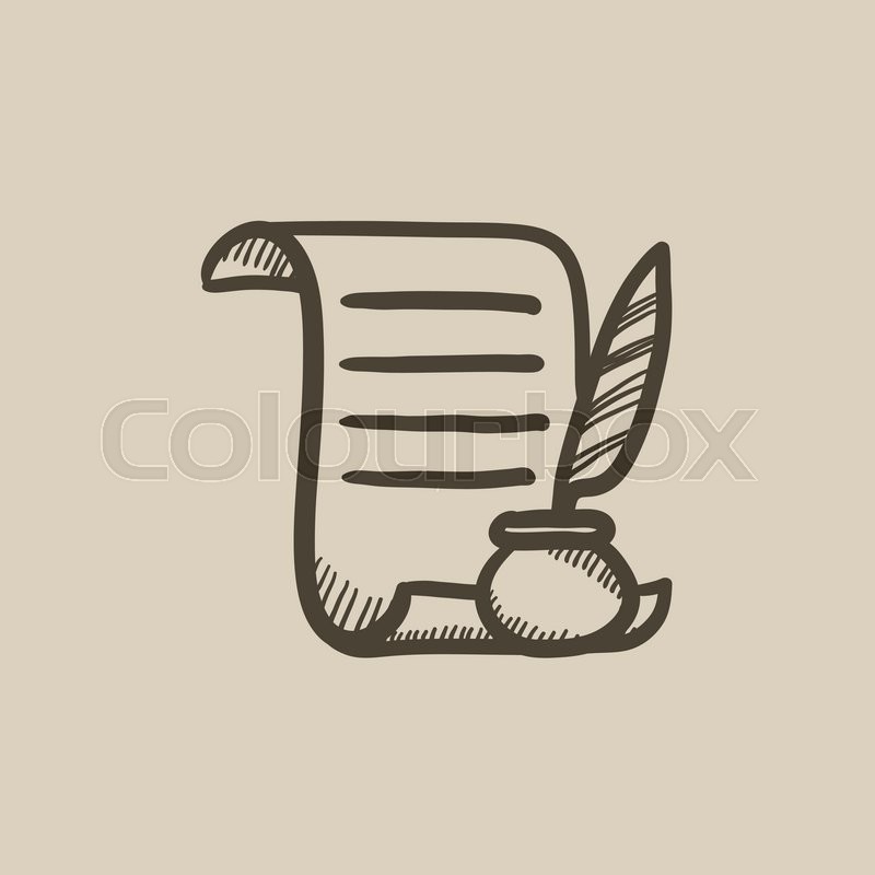 800x800 Paper Scroll With Feather Pen Vector Sketch Icon Isolated