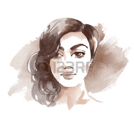 450x450 Brunette Girl. Watercolor Sketch 1. Female Face. Black And White