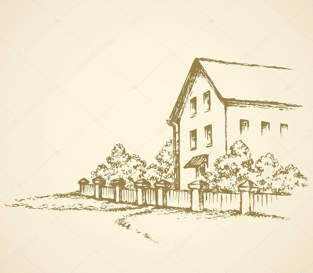 1024x893 Old House Behind Fence. Vector Drawing Stock Vector Marinka