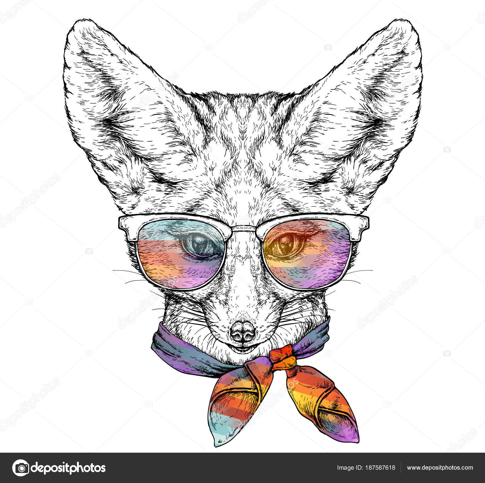 1600x1593 Hand Drawn Portrait Cute Fennec Fox Glasses Bow Tie Vector Stock
