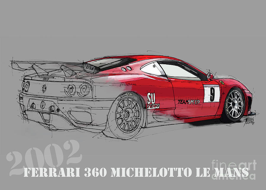 900x642 Ferrari Michelotto Race Car. Handmade Drawing. Number 9 Le Mans